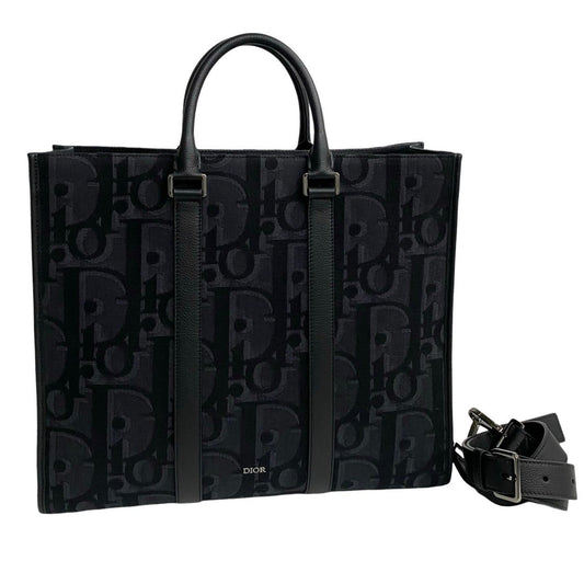 Christian Dior Black Leather Canvas Tote Bag ()
