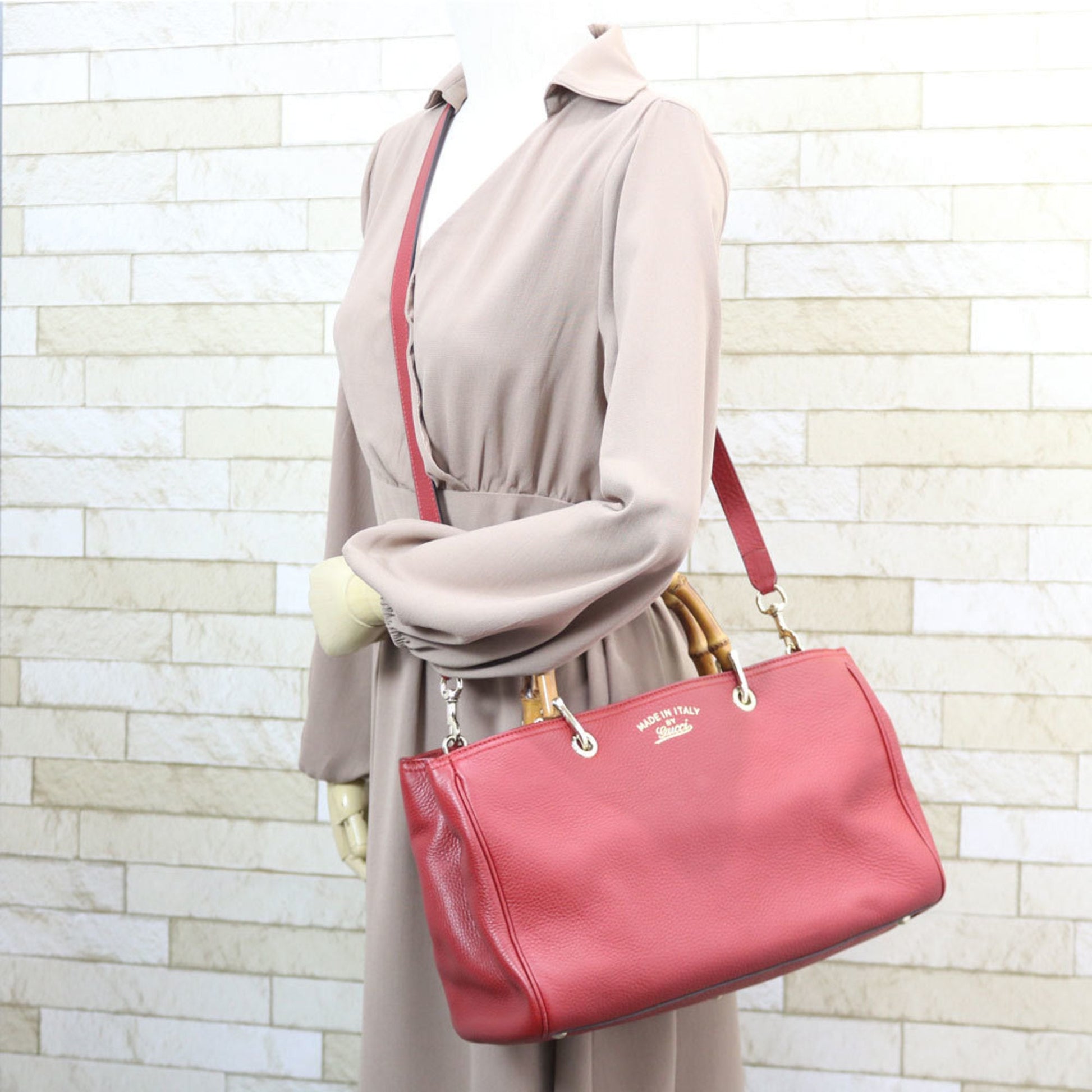 Gucci Bamboo Red Leather Shoulder Bag Style 1