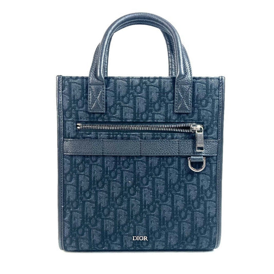 Christian Dior Black Dark Navy Canvas Leather Handbag Tote Bag ()