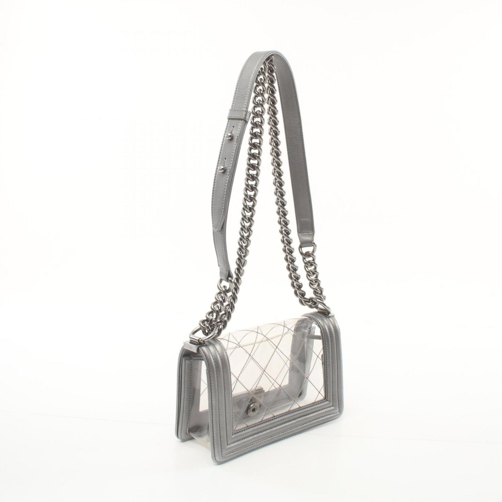CHANEL Boy Chanel Shoulder Bag Vinyl Lambskin Women's Clear Silver