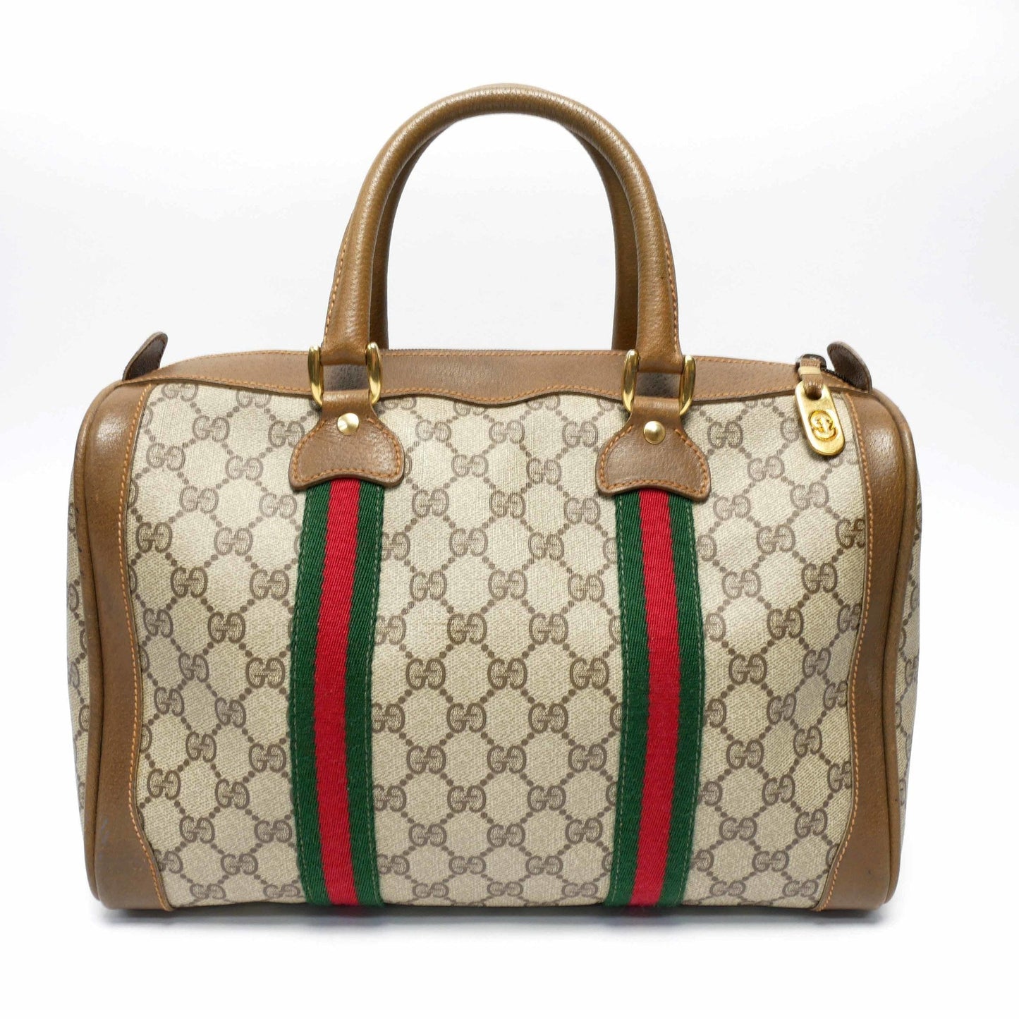 GUCCI Old Gucci Mini Boston Bag Handbag Barrel Unisex 1970's 70'S Sherry Line GG Pattern/Leather Gold Hardware Brown/Beige