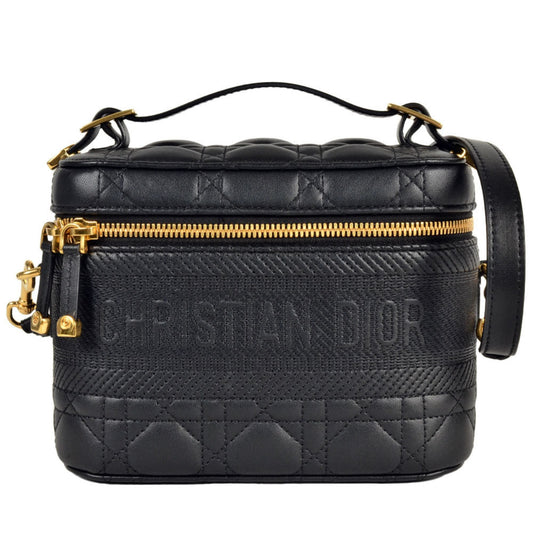 Christian Dior Black Leather Canvas Shoulder Bag Vanity Bag ()