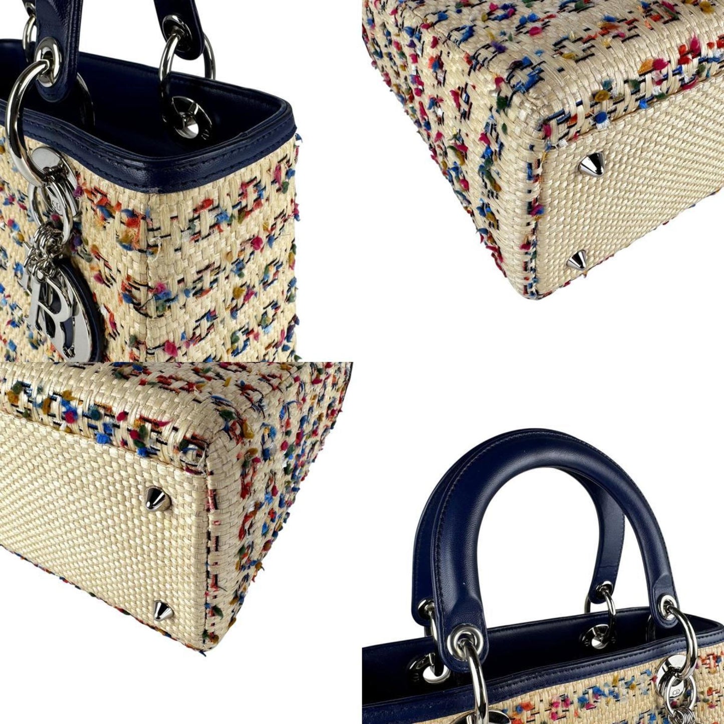 Christian Dior Beige Multi-Color Navy Raffia Leather Handbag Shoulder Bag ()