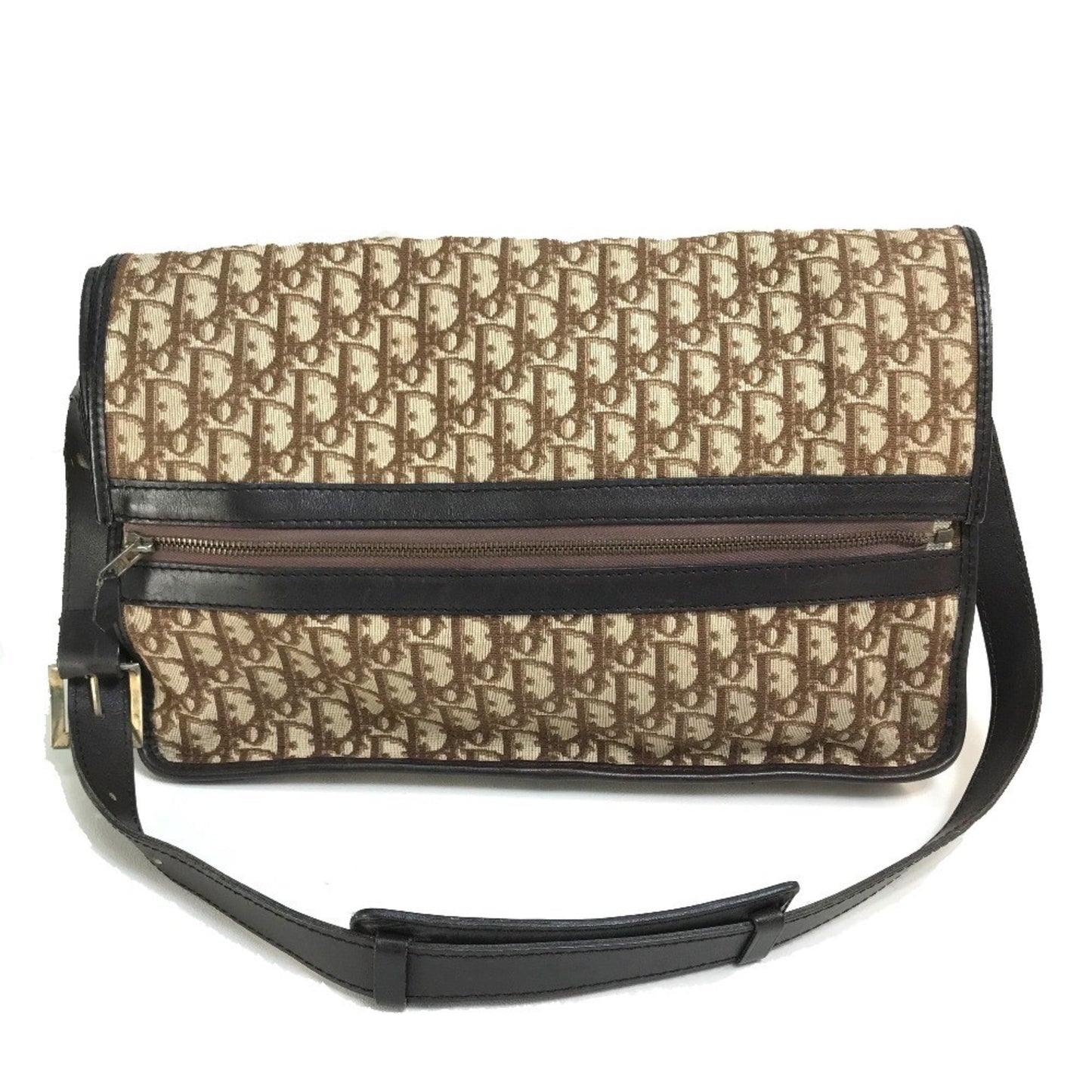 Christian Dior Beige Brown Leather Canvas Shoulder Bag ()