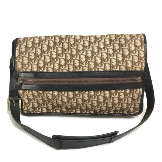 Christian Dior Beige Brown Leather Canvas Shoulder Bag ()