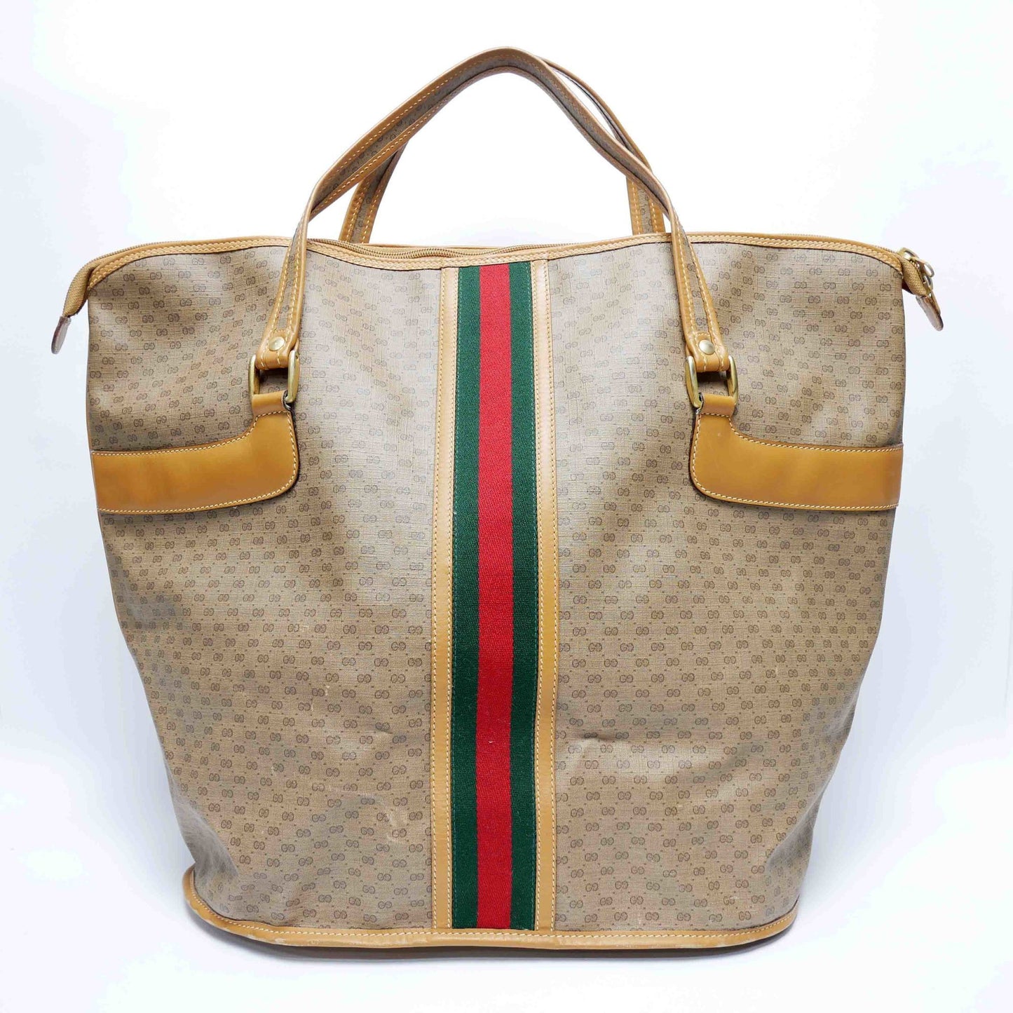 Gucci Old Gucci Large Tote Bag Boston Travel Unisex 1980s 80s Sherry Line Micro GG Pattern Capacity Leather Gold Hardware Beige Camel