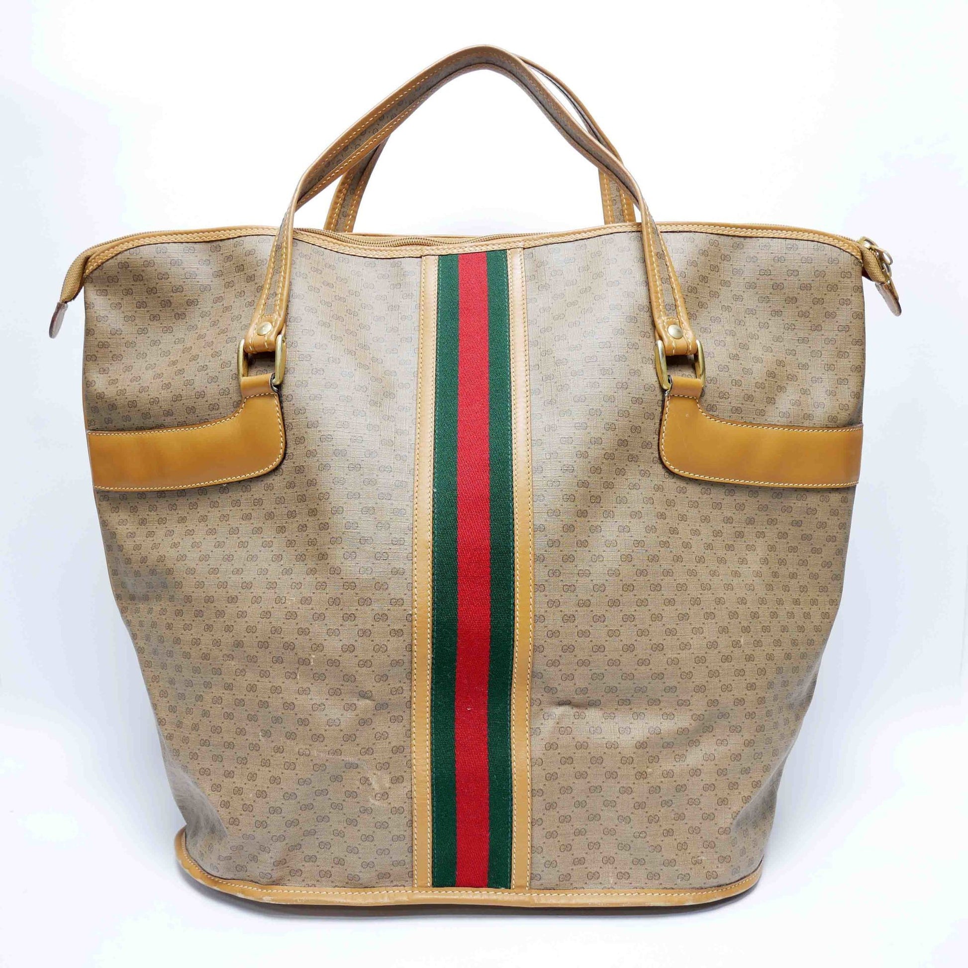Gucci Old Gucci Large Tote Bag Boston Travel Unisex 1980s 80s Sherry Line Micro GG Pattern Capacity Leather Gold Hardware Beige Camel