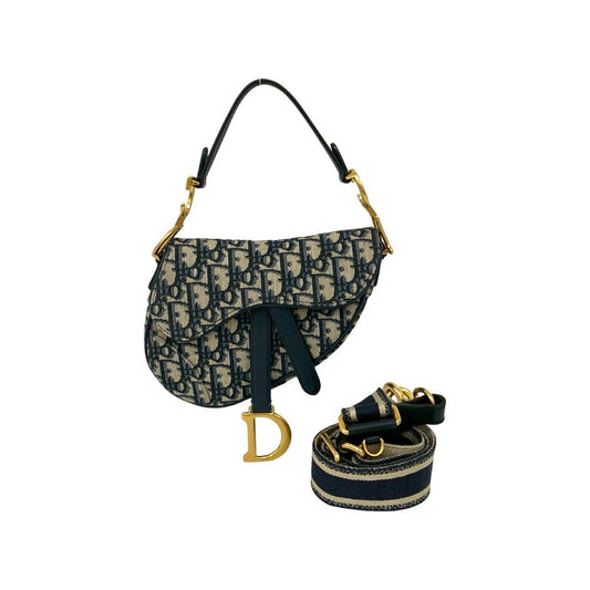 Christian Dior Navy Leather Canvas Handbag Saddle Bag Shoulder Bag ()