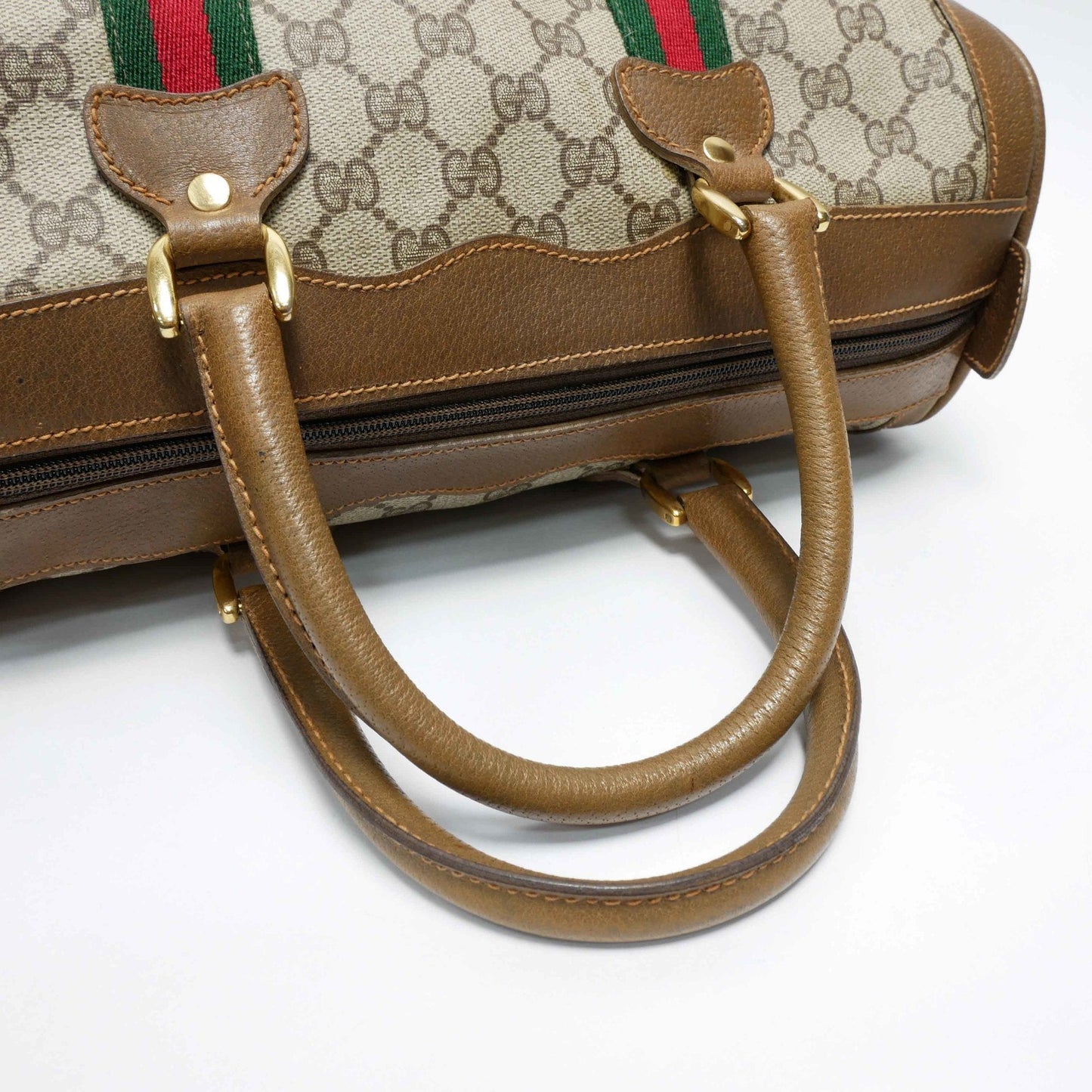 GUCCI Old Gucci Mini Boston Bag Handbag Barrel Unisex 1970's 70'S Sherry Line GG Pattern/Leather Gold Hardware Brown/Beige
