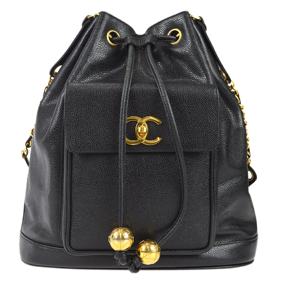CHANEL Bucket Drawstring Chain Shoulder Bag Black Caviar 68197
