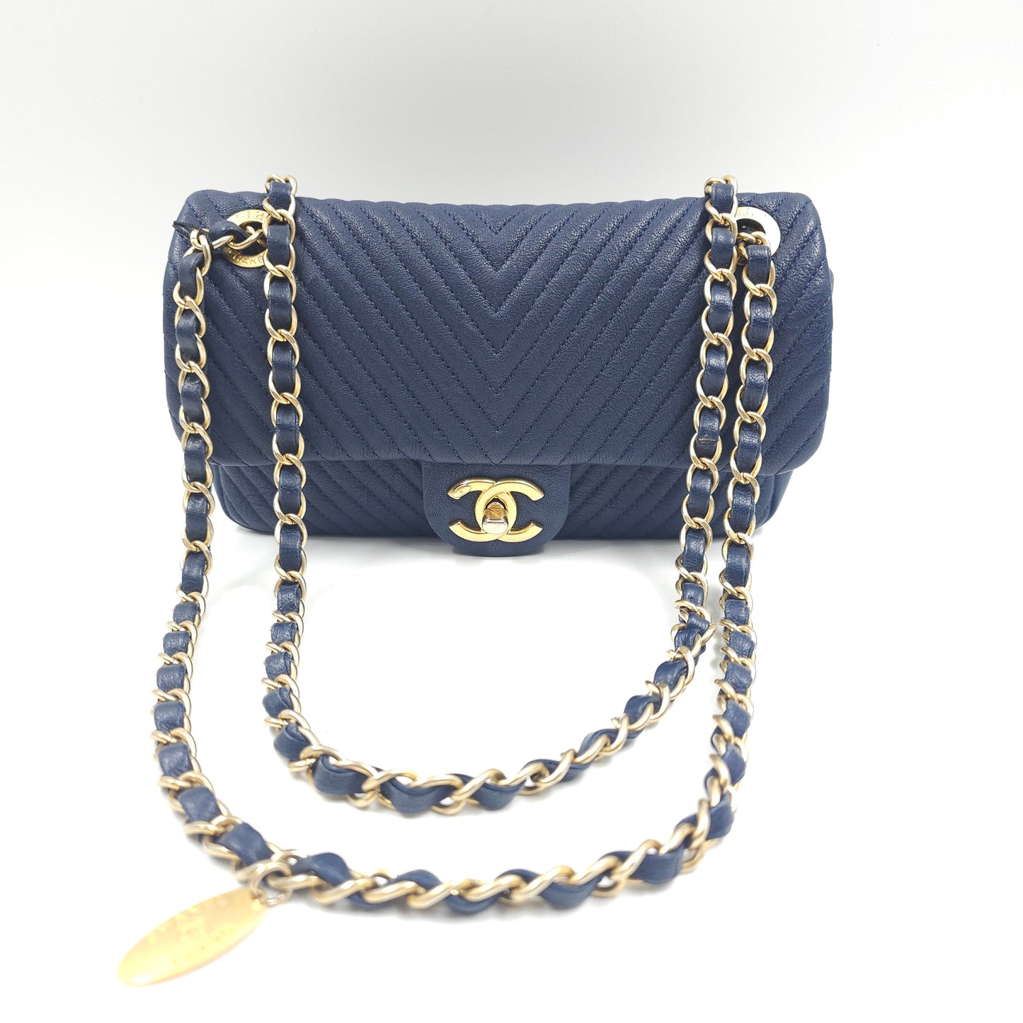 Chanel Blue Chevron Small Classic Flap Bag