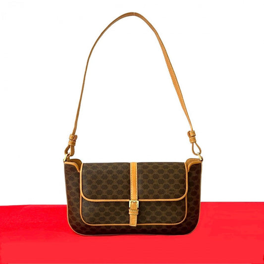 CELINE Shoulder Bag Leather, PVC Brown Macadam Blason Triomphe Pattern Women