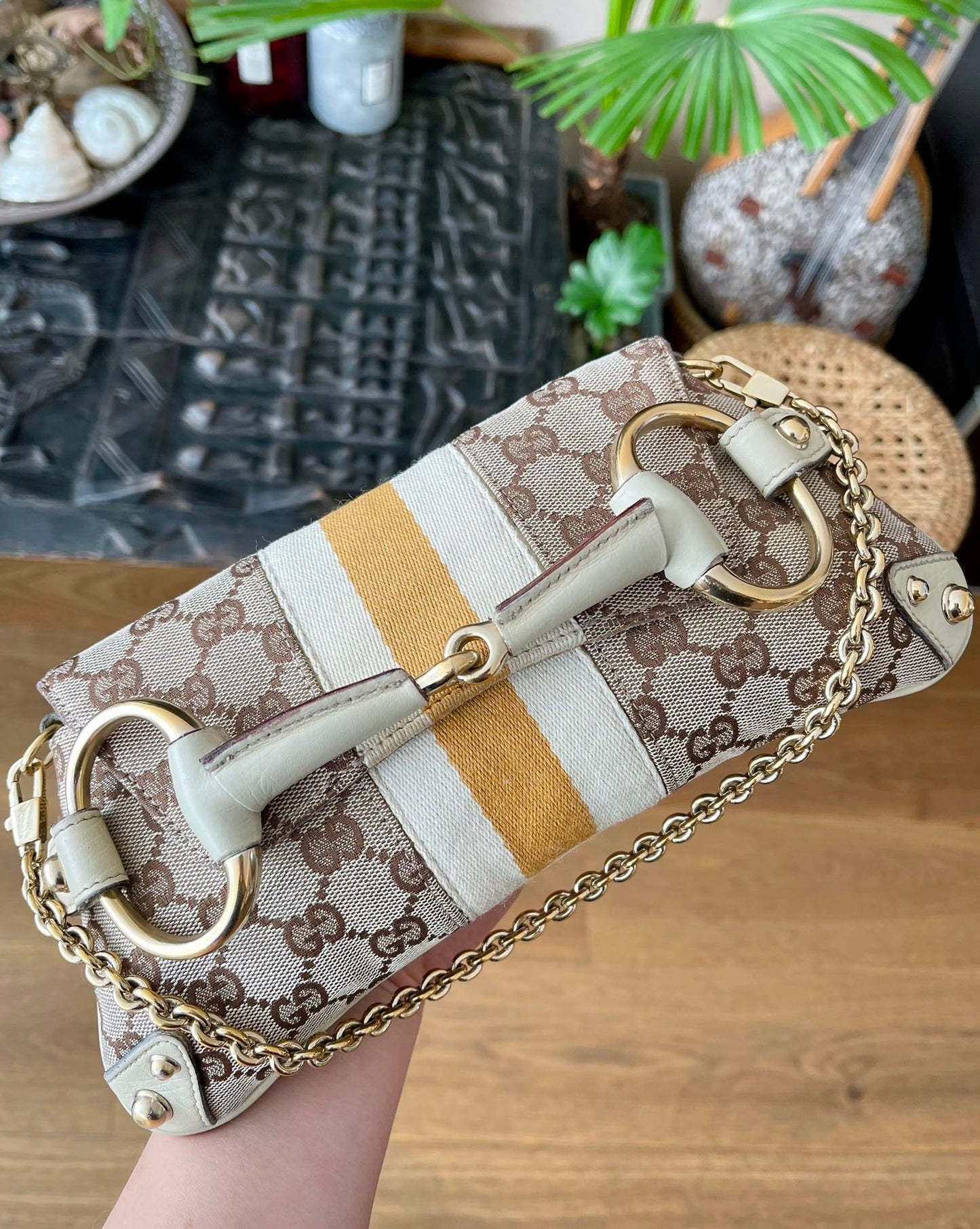 Gucci Horsebit 1955 Small Cloth Beige Monogram Yellow Web Shoulder bag