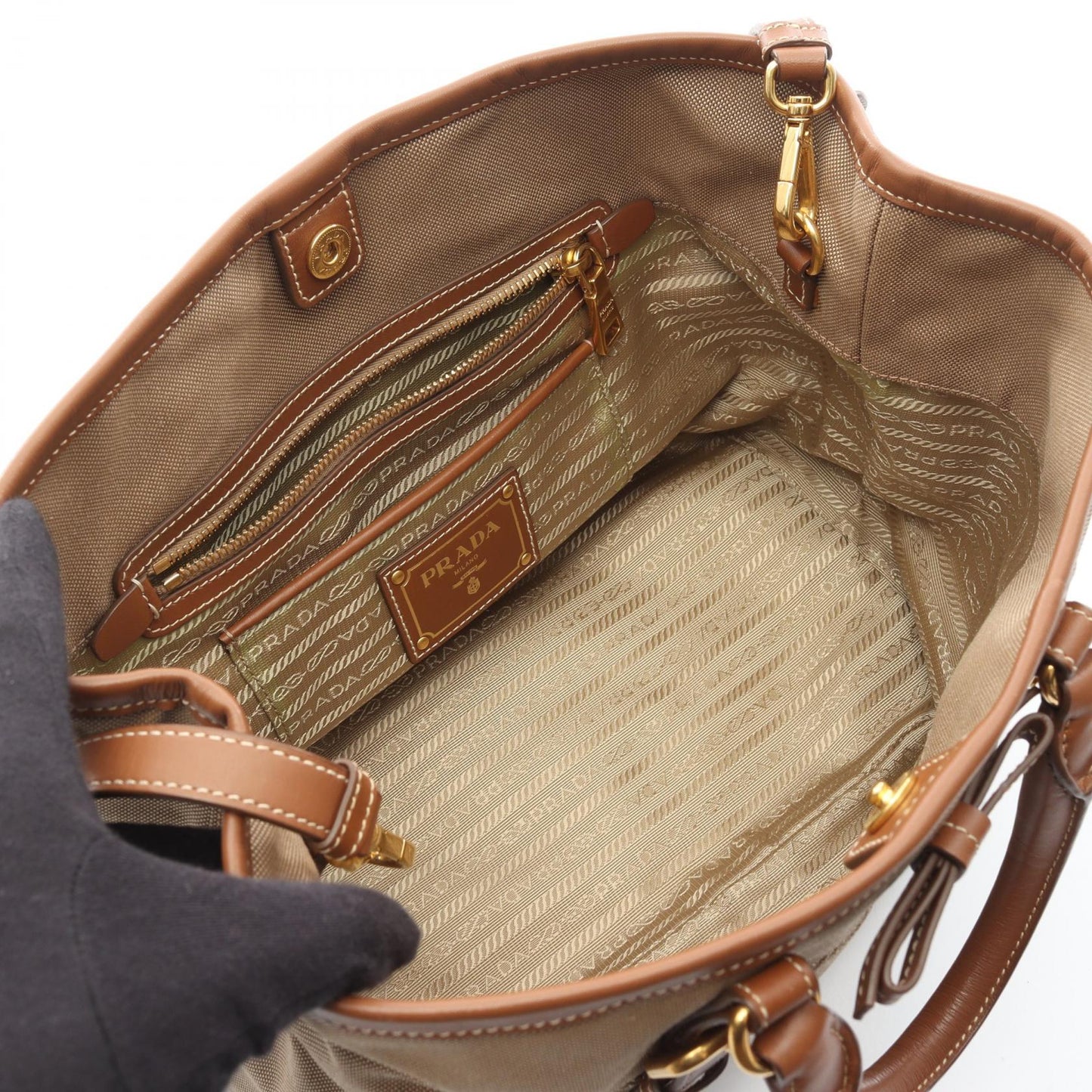 Prada LOGO JACQUARD Canvas Leather Tote Bag