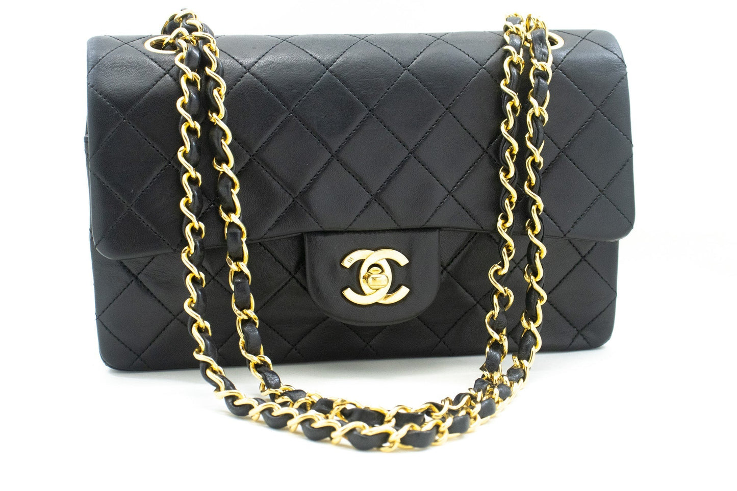 CHANEL Classic Double Flap 9" Chain Shoulder Bag Black Lambskin