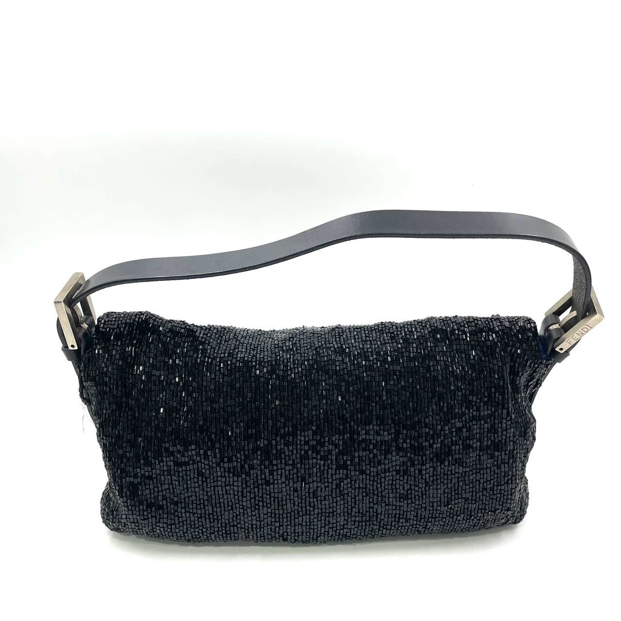 Fendi Baguette Black Glitter Beads Shoulder Bag Blue Satin Interior