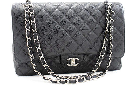CHANEL Caviar Grained Calfskin Flap Chain Shoulder Bag Black 13"