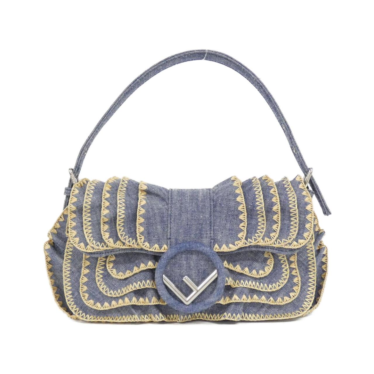 Fendi Baguette Denim Raffia Shoulder Bag