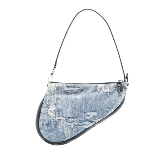 Blue Dior Mini Canvas Denim Print Saddle Pochette Shoulder Bag