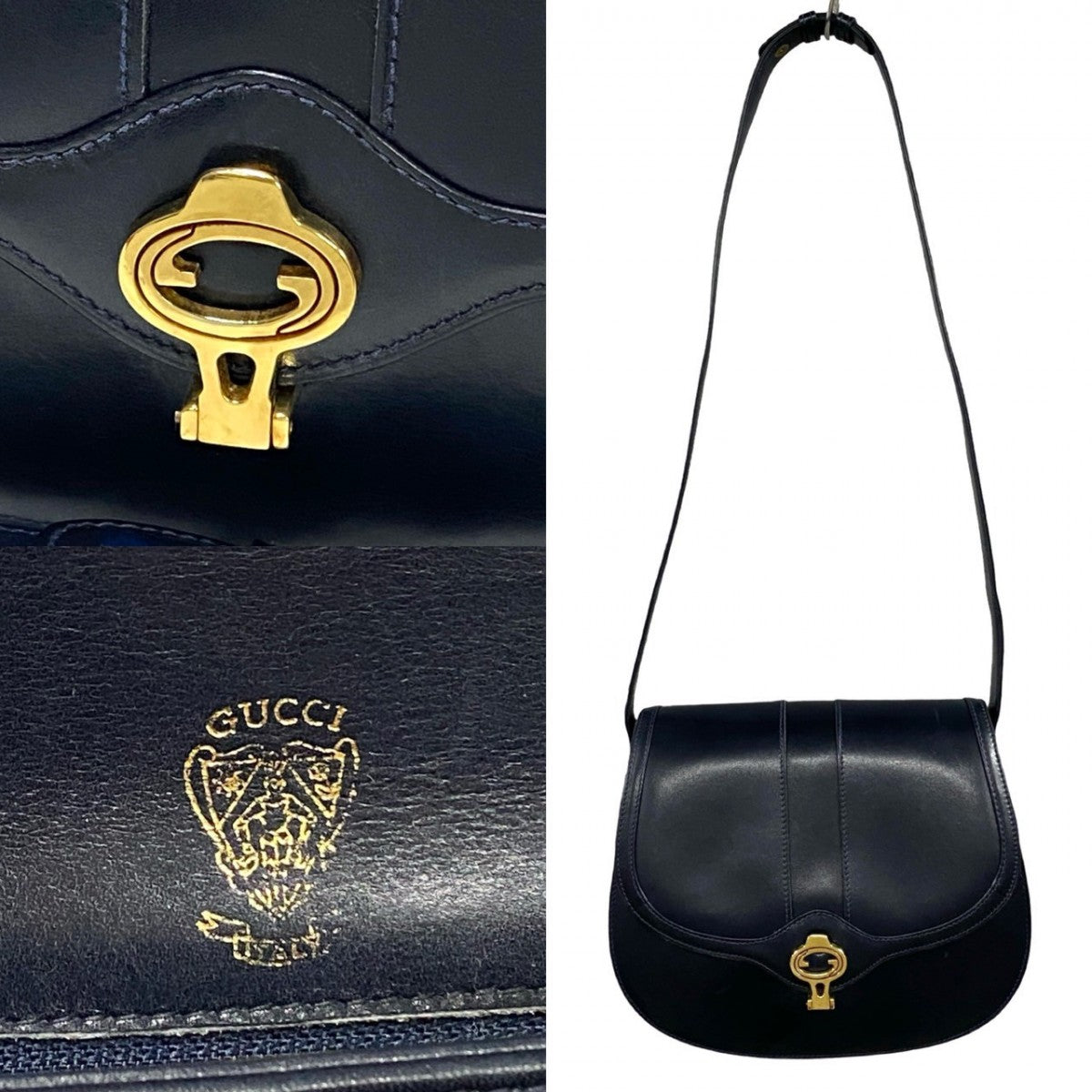GUCCI Shoulder Bag leather Navy GG logo Metal Women