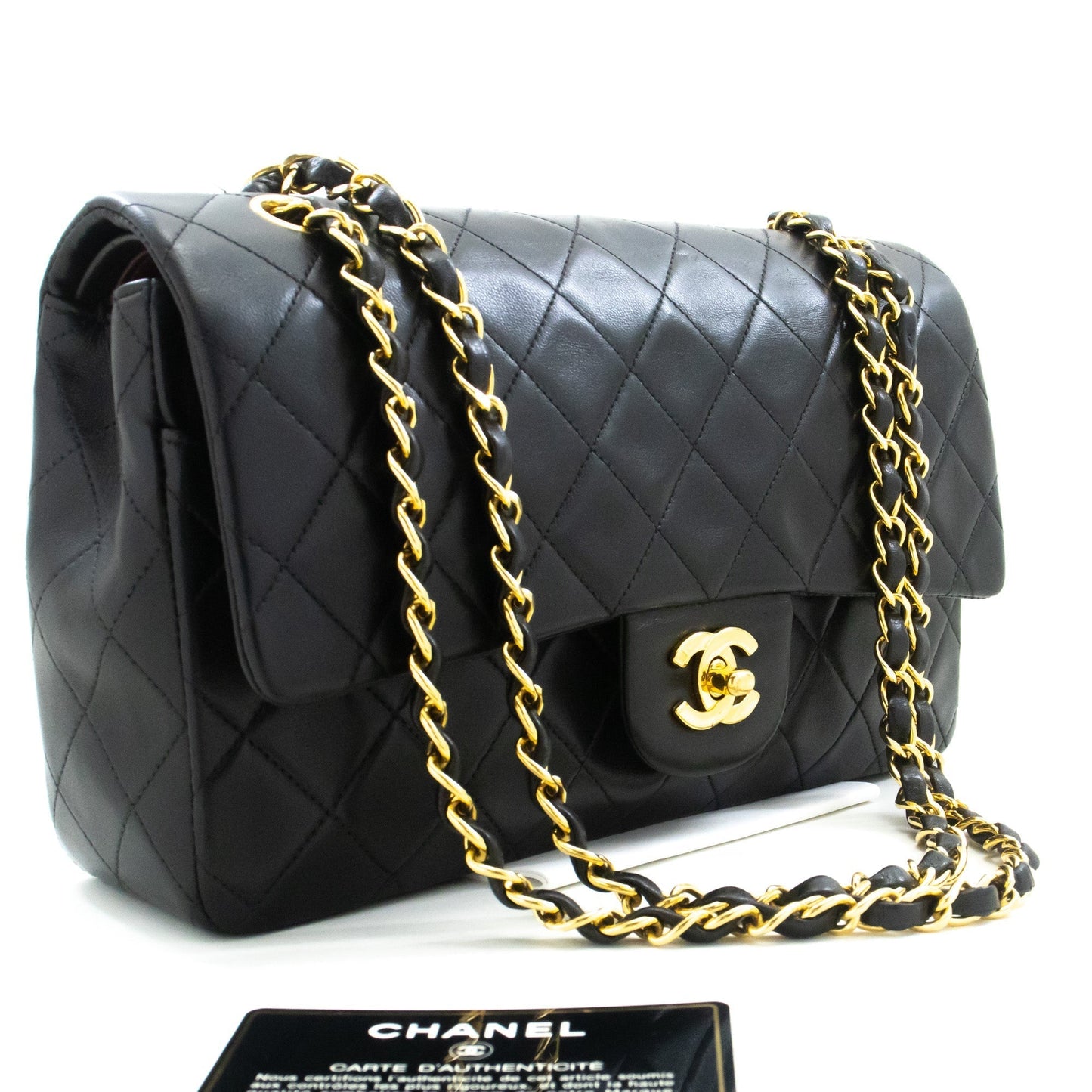 CHANEL Classic Double Flap 10" Chain Shoulder Bag Black Lambskin