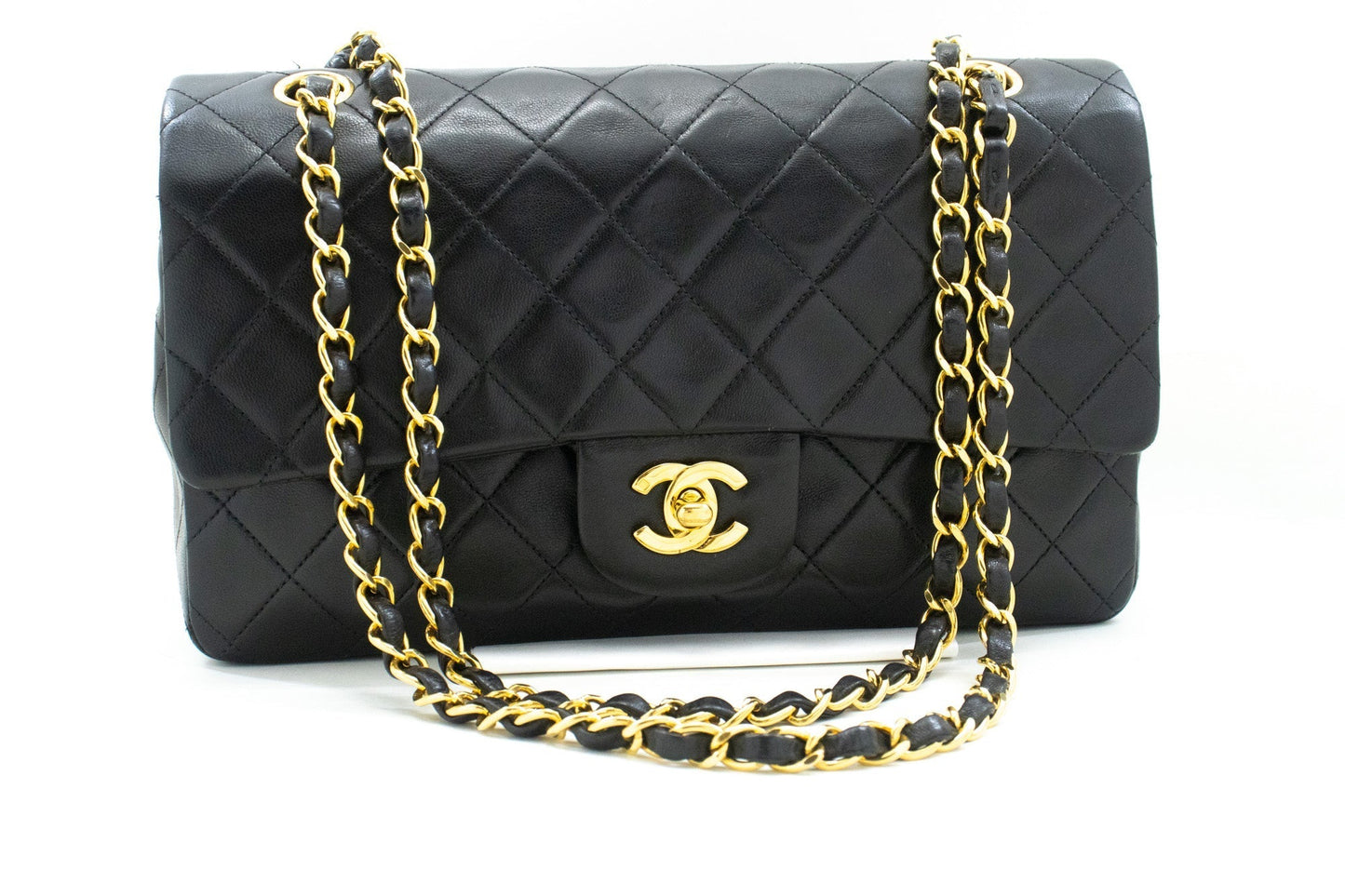 CHANEL Classic Double Flap 10" Chain Shoulder Bag Black Lambskin
