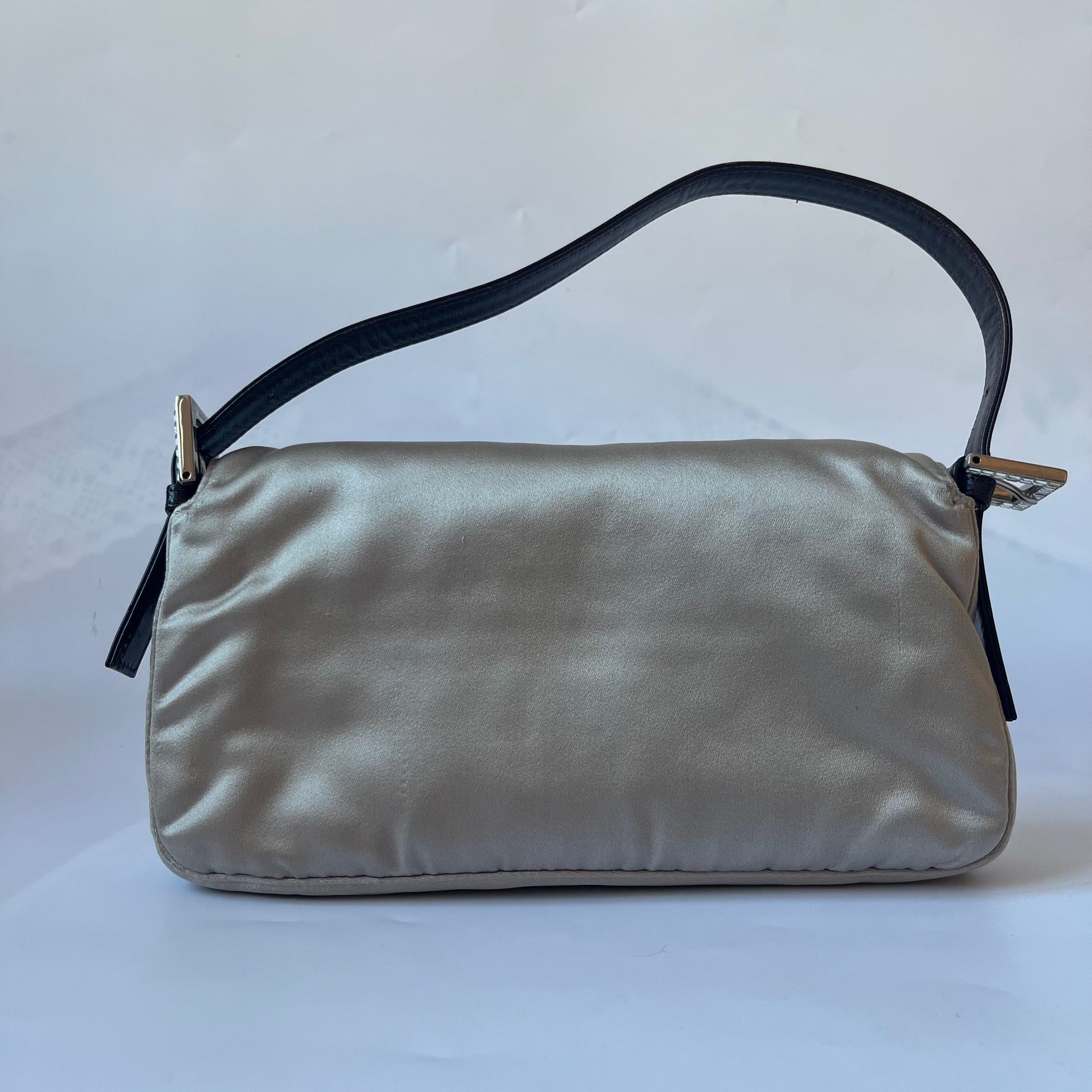 FENDI Baguette Beige Grey Silk Satin with Crystal Buckle Shoulder Bag