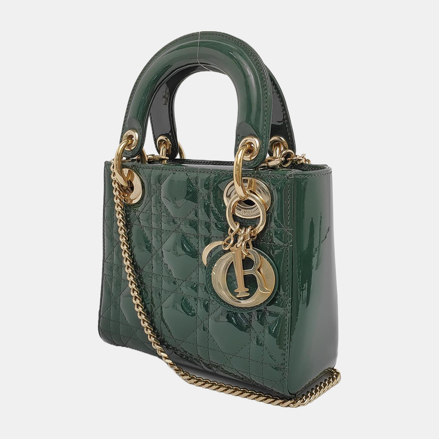 Lady Dior Mini Dark Green Patent Leather Bag with gold hardware Chain Strap