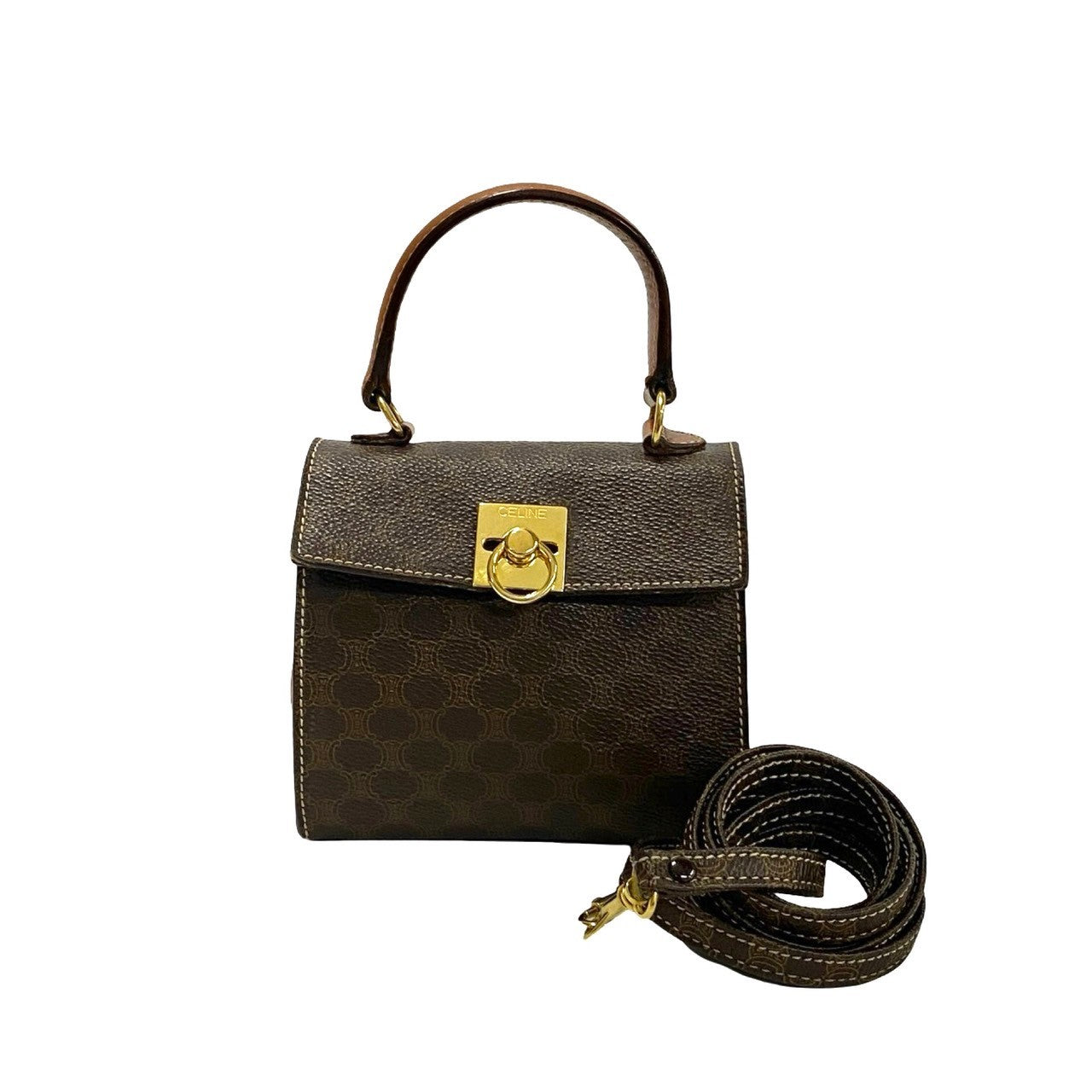 CELINE Shoulder Bag Leather, PVC Brown Macadam Blason Pattern Ring Metal Women