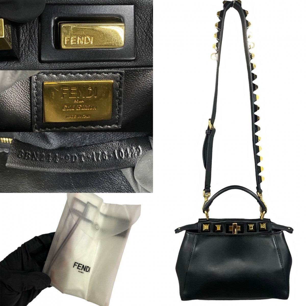 FENDI Shoulder Bag 8BN244ï¿½E9DT Calf leather black Gold Edition Studs Mini Peacock Women