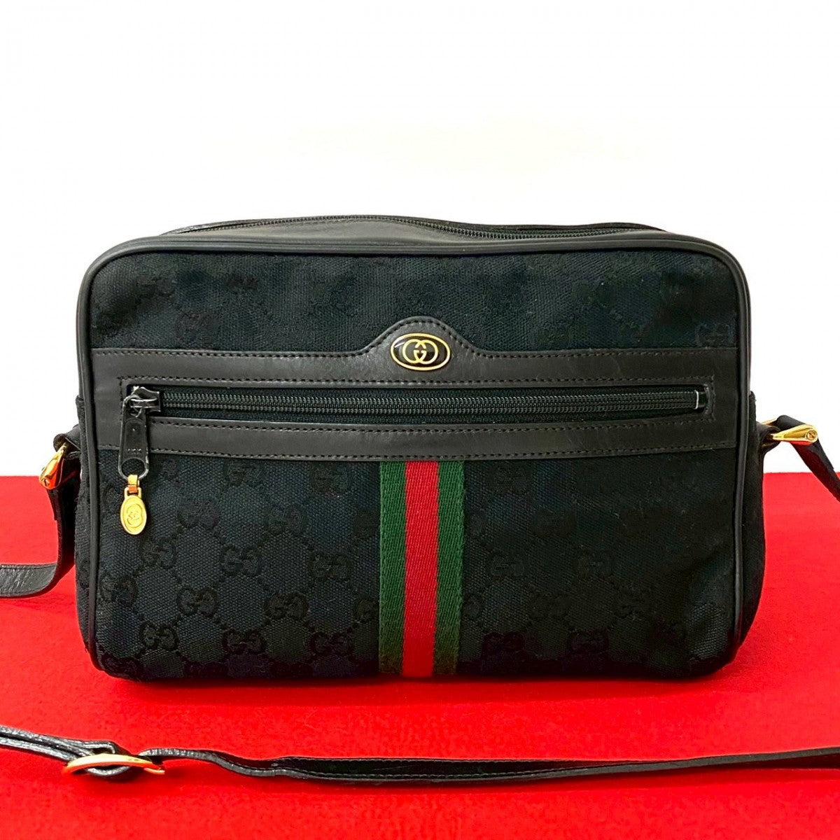 GUCCI Shoulder Bag Canvas, Leather black GG logo Metal Sherry line Women