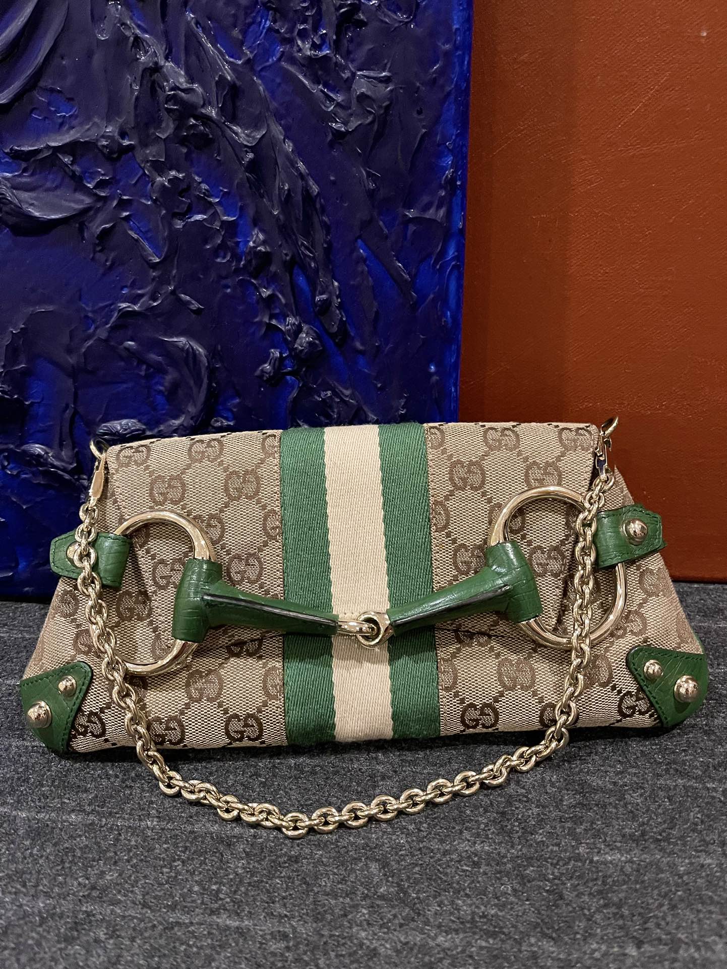 Gucci Horsebit 1955 Chain Bag Gucci Monogram Green Leather and Gold Studs