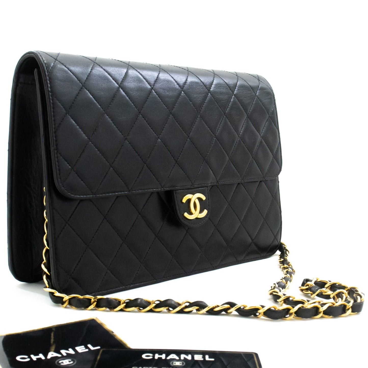 CHANEL Chain Shoulder Bag Clutch Black Quilted Flap Lambskin Purse