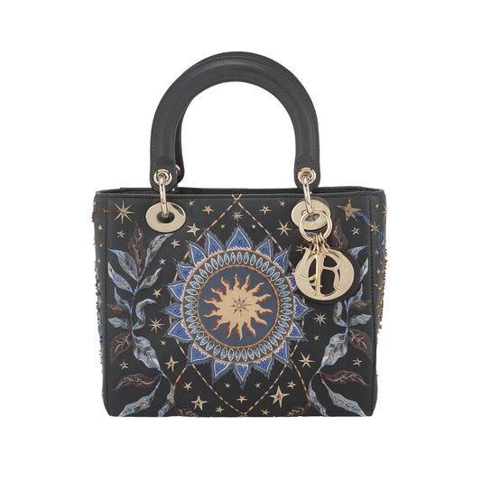 Lady Dior Medium Nature Ballet Star Embroidery Handbag Black Calfskin Leather Gold Hardware