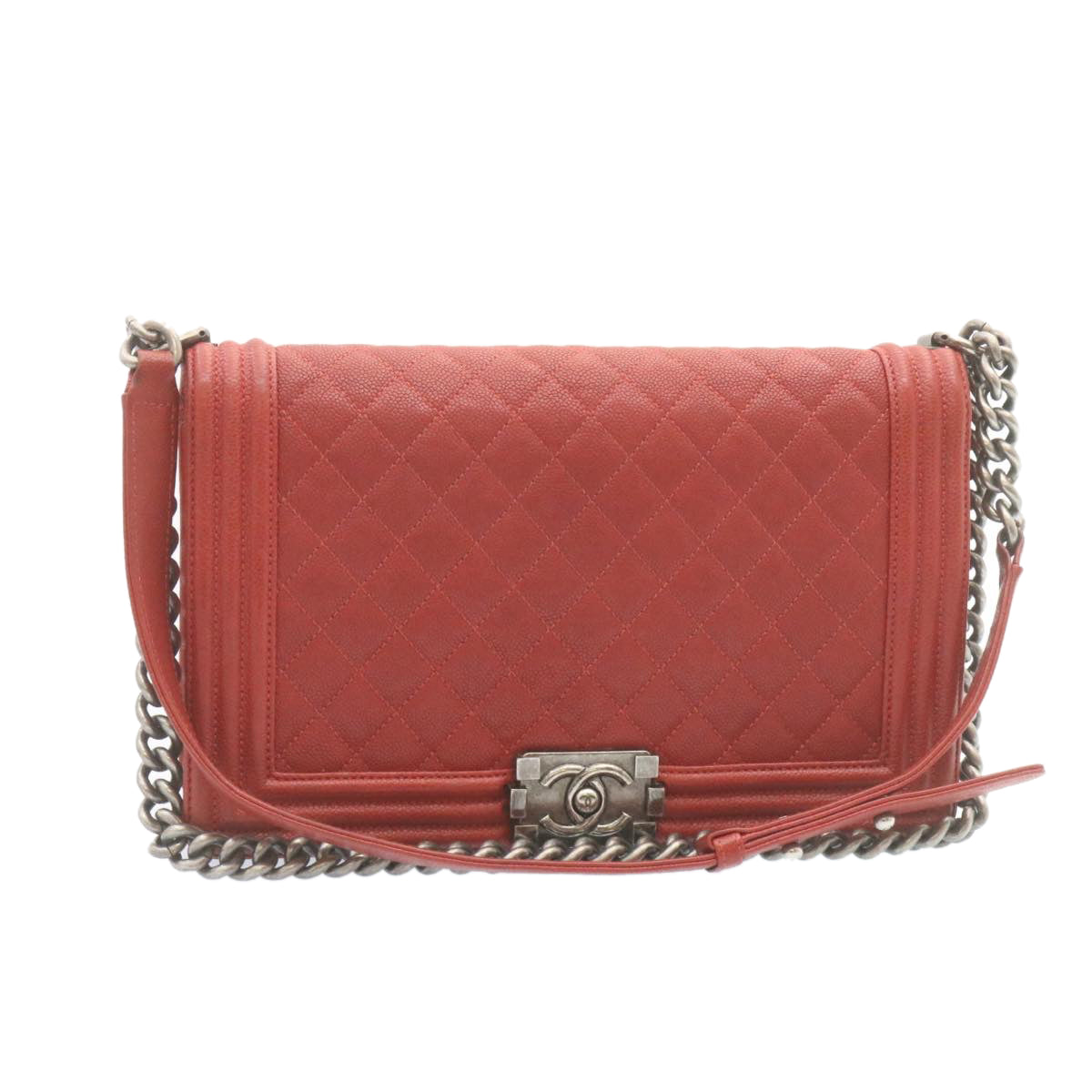 CHANEL Boy Matelasse Chain Flap Shoulder Bag Leather Red CC Auth 28281A
