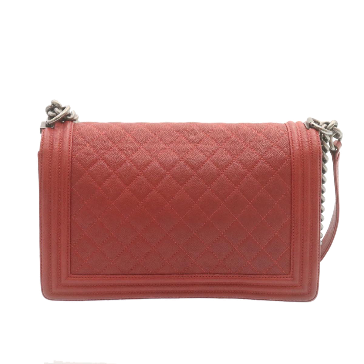CHANEL Boy Matelasse Chain Flap Shoulder Bag Leather Red CC Auth 28281A
