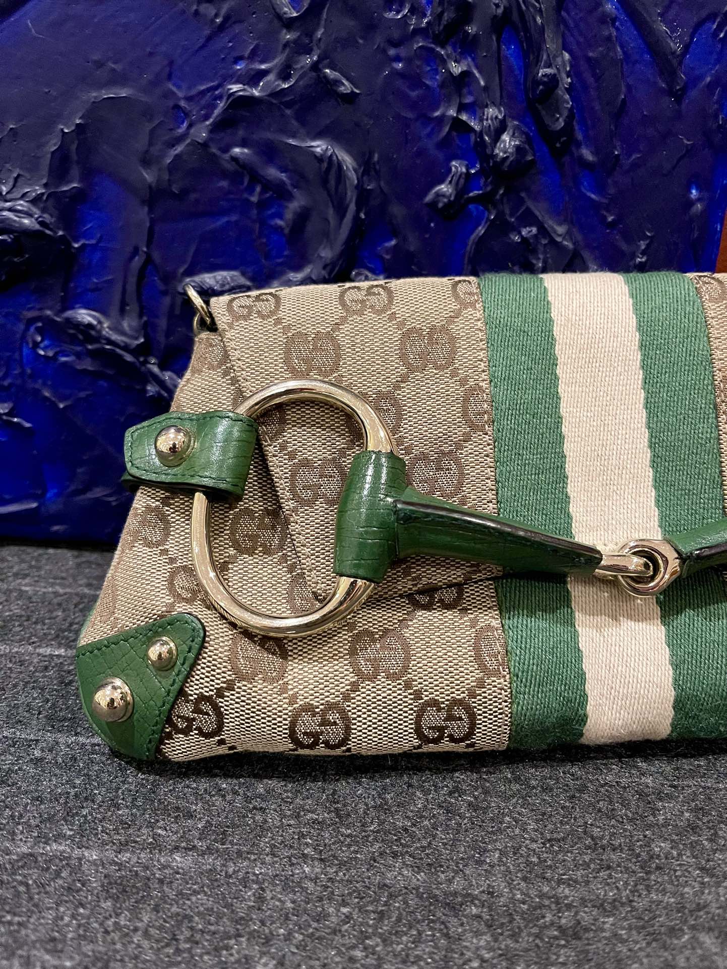 Gucci Horsebit 1955 Chain Bag Gucci Monogram Green Leather and Gold Studs