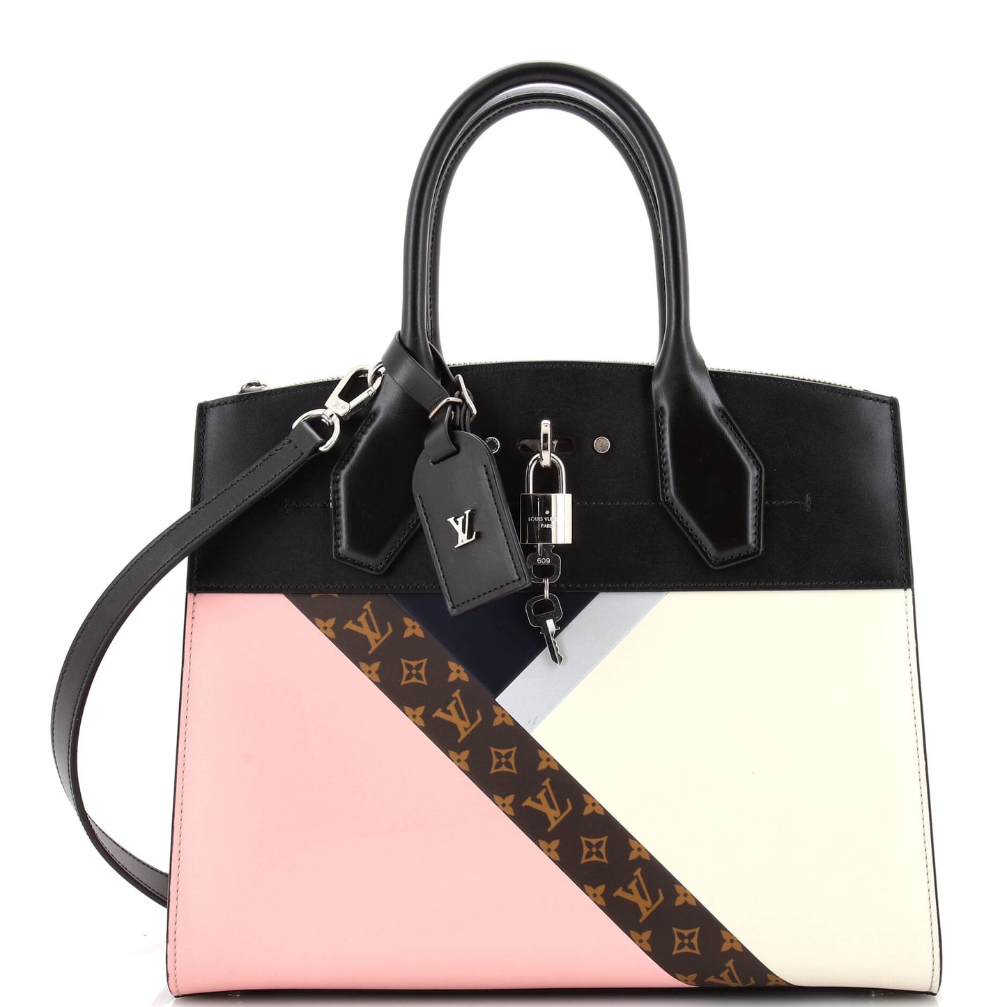 Louis Vuitton City Steamer Handbag Leather with Monogram Canvas MM
