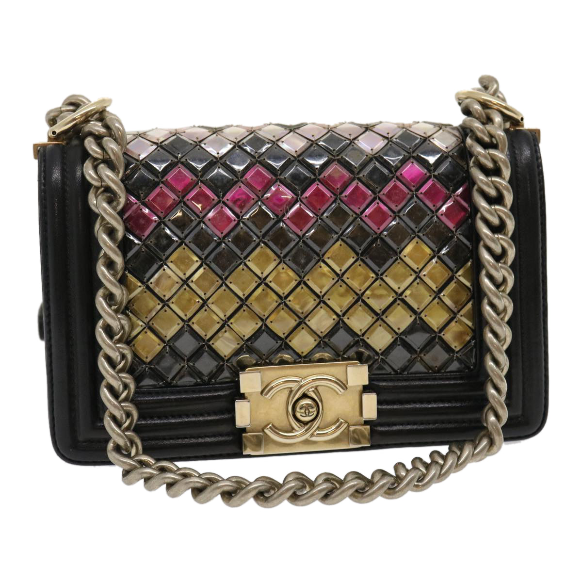 CHANEL Boy Chain Shoulder Bag Tile Black Multicolor CC Auth 29551A
