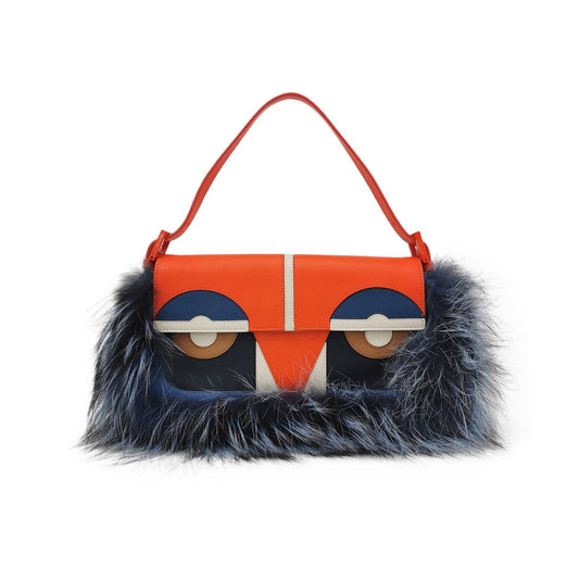 Fendi Baguette Bag Bugs Multicolor Monster Blue Faux Fur Shoulder Bag