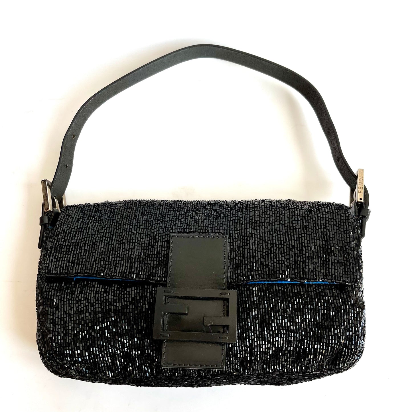 Fendi Baguette Black Glitter Beads Shoulder Bag Blue Silk Interior