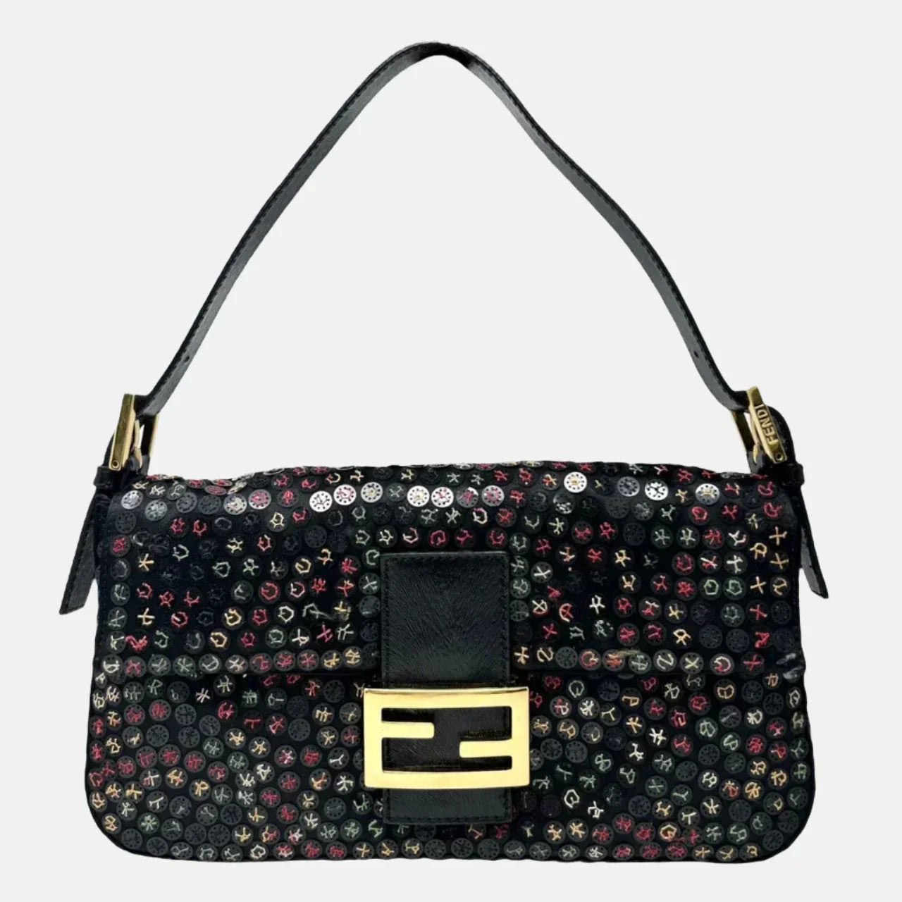Fendi Baguette Multicolor Button Embroidered Leather Shoulder bag