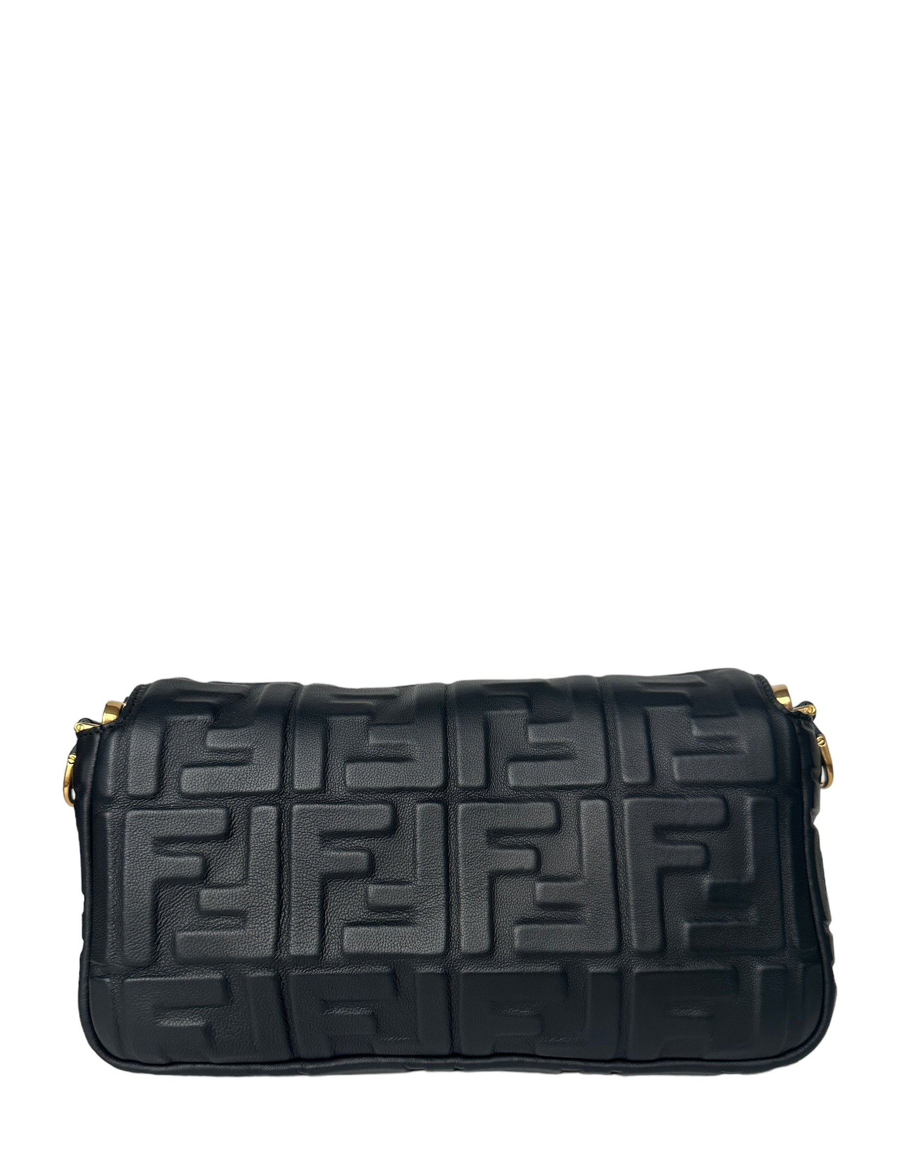 Fendi Black Nappa Embossed Logo FF 1974 Medium Baguette NM Bag w/ Two Straps