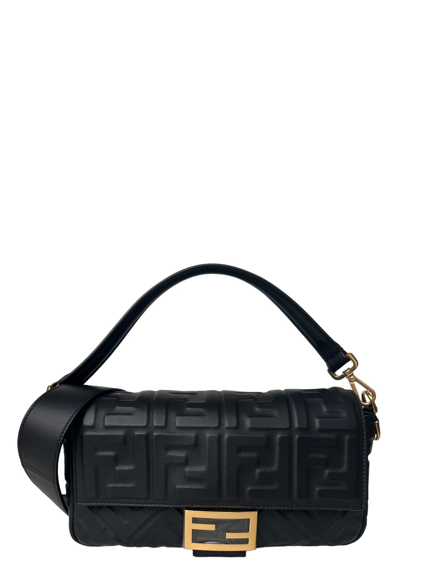 Fendi Black Embossed Logo 1974 Medium Baguette NM Bag