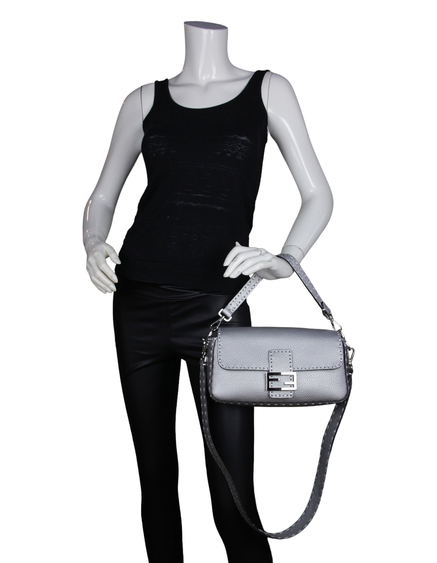 Fendi Silver Selleria Leather Baguette Bag w/ Oversized Topstitching