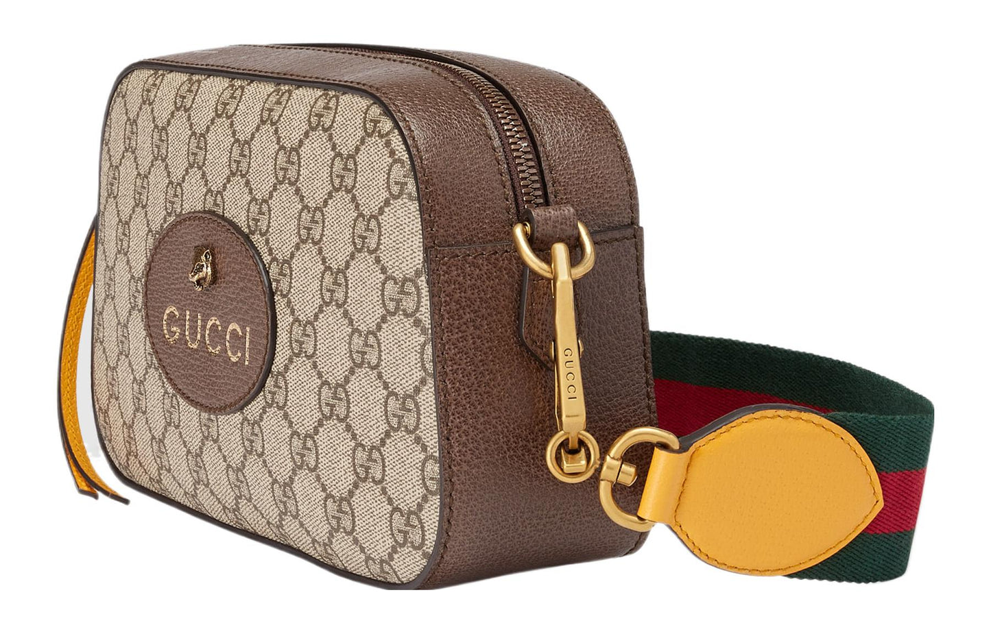 GUCCI Neo Metallic Tiger Head Logo Stripe Webbing Shoulder Messenger Bag Unisex / / Brown / Yellow 476466-K9GVT-8856