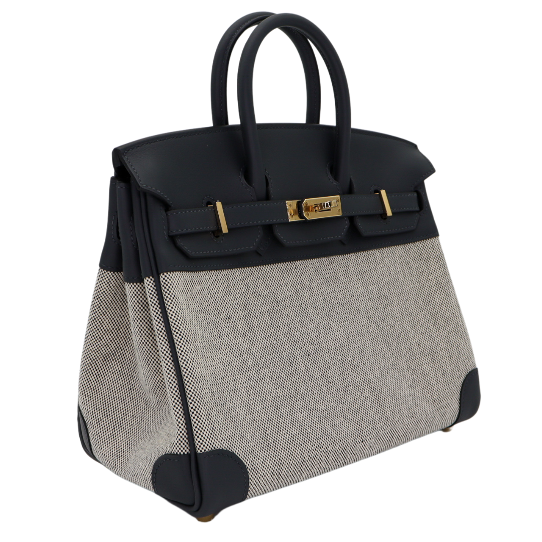 Hermes25cm Birkin Gris Misty Toile/ Swift Leather Permabrass Hardware