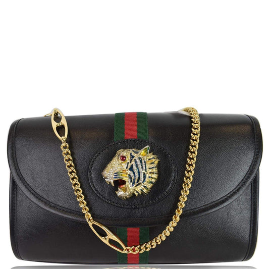 GUCCI Rajah Small Web Leather Shoulder Bag Black 570145 - 25% OFF