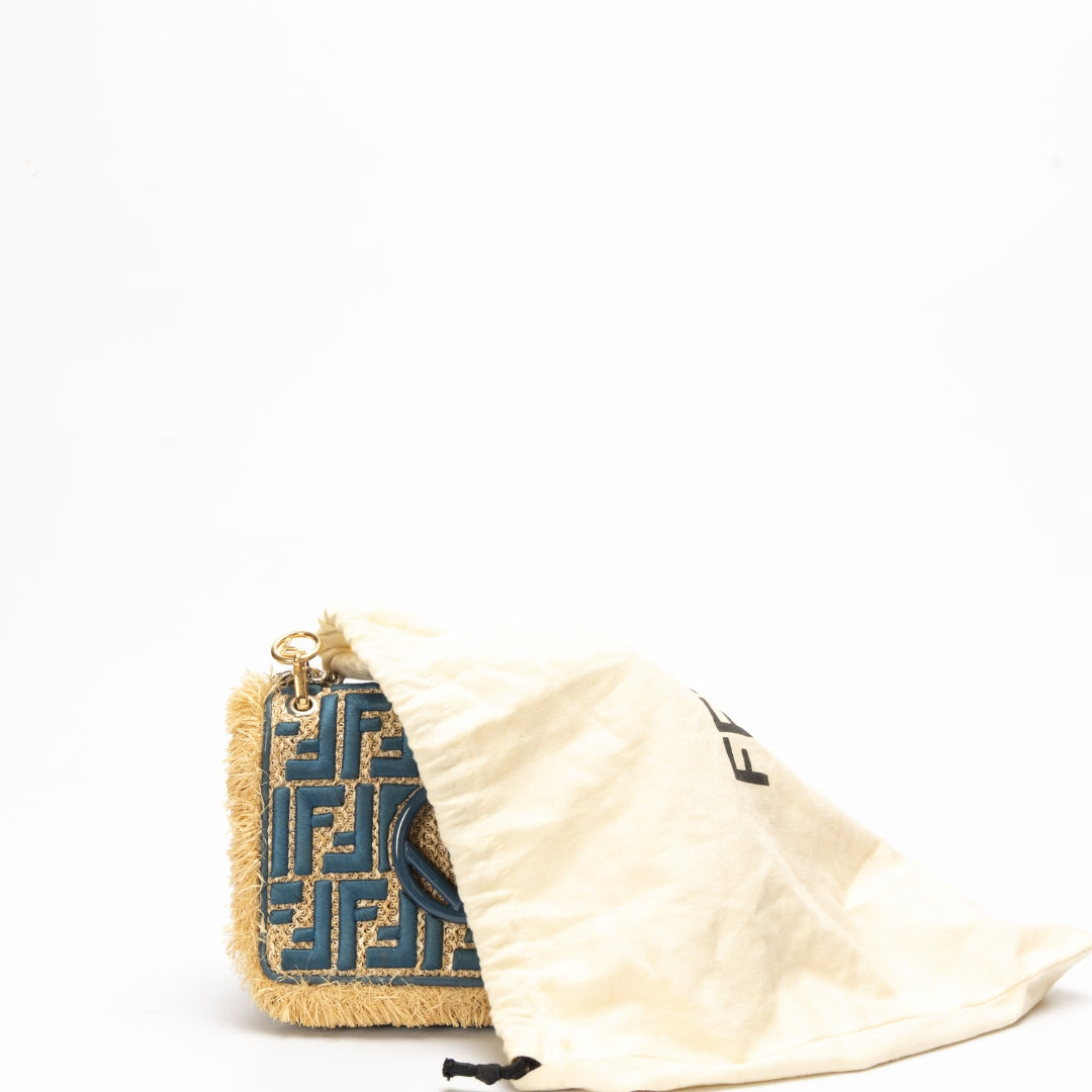 Fendi Beige/Blue Raffia Small Kan Shoulder Bag