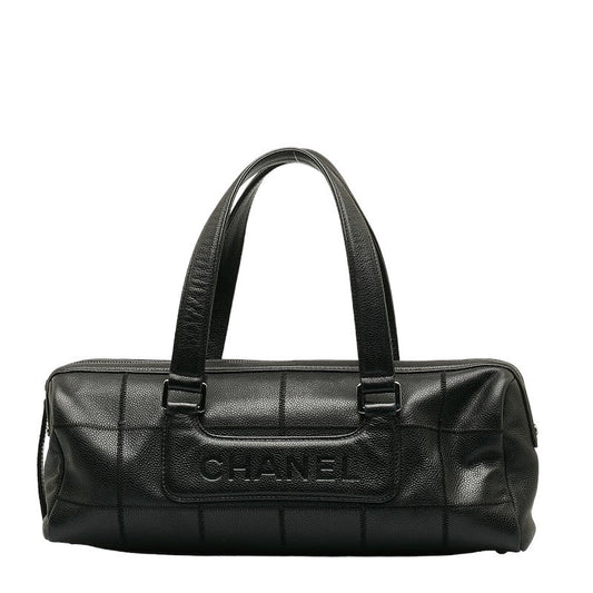 Chanel Chocolate Bar Logo Mini Boston Bag Handbag Black Caviar S CHANEL